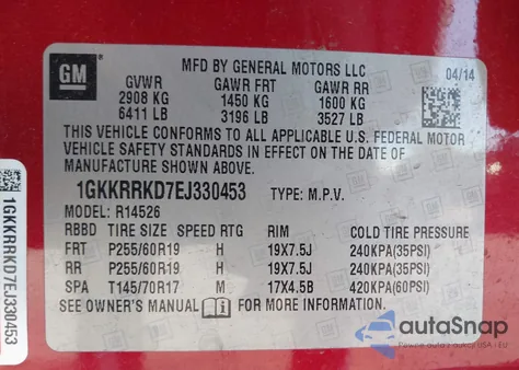 2014 GMC Acadia Slt-1 from USA, damaged, VIN 1GKKRRKD7EJ330453